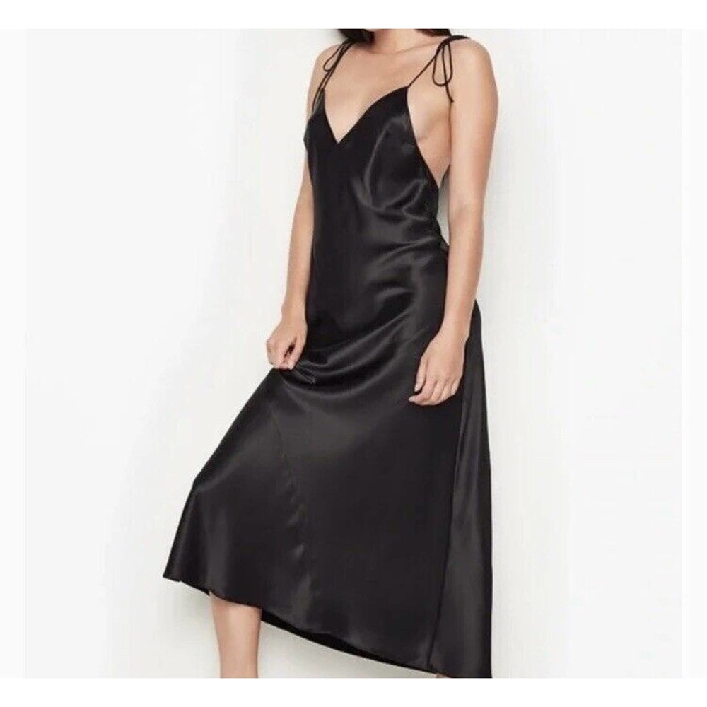 NWT Victoria's Secret Womens Black Satin Slip Dress Nightgown Size Medium Midi